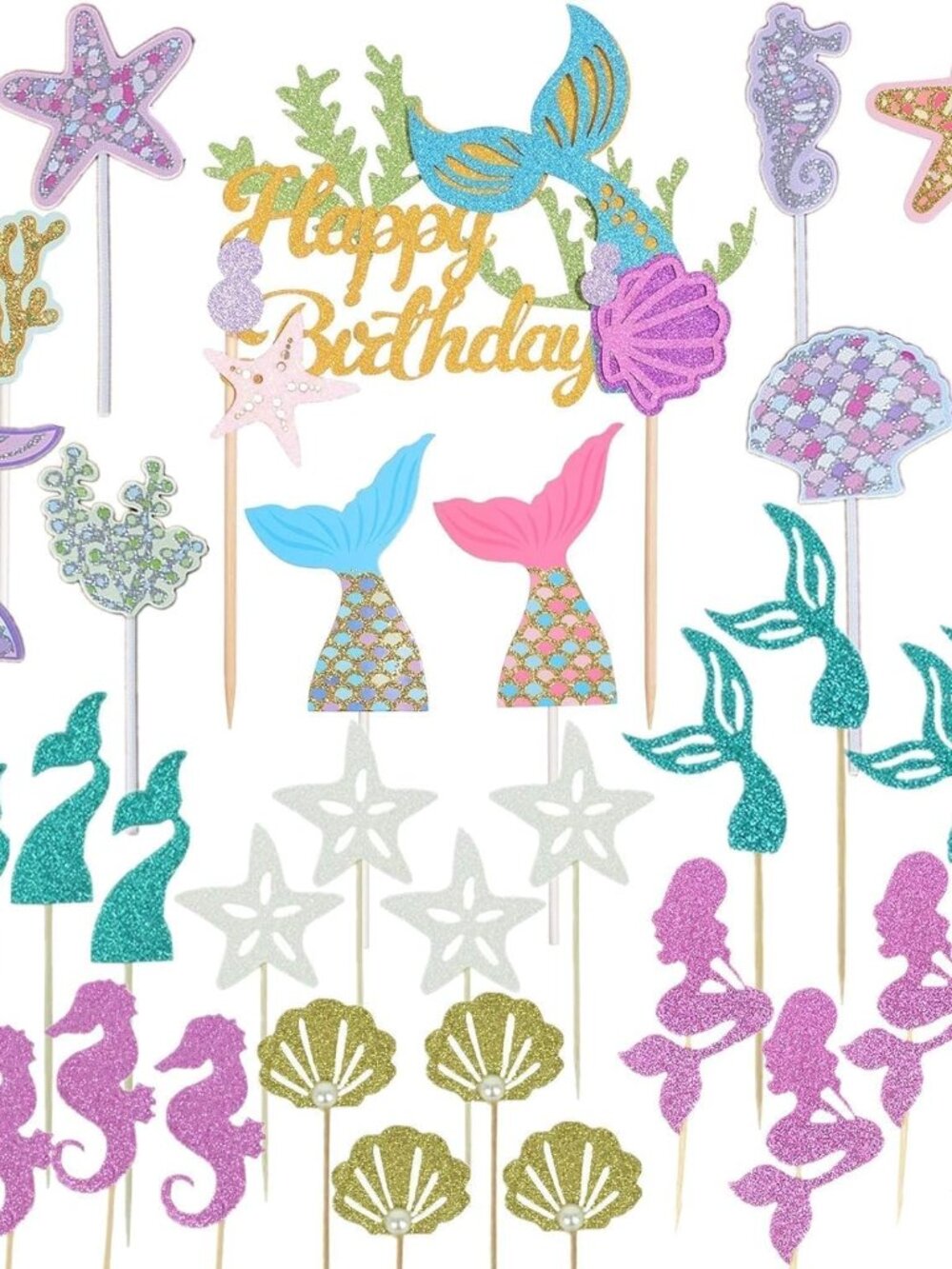 36Pcs Mermaid Cupcake Toppers for Sea Ocean Birthday Theme Party Supplies